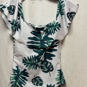 Women's White Tropical Leaf Print Ruffle Sleeve Top
